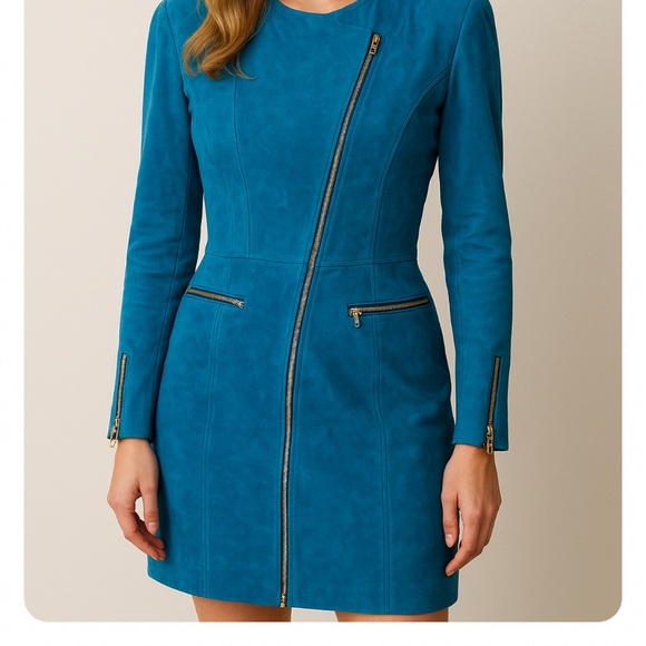 Pia Rucci Vintage 90s Leather Suede Zipper Mini Dress Fitted Crew Neck Blue 8 - Picture 10 of 16